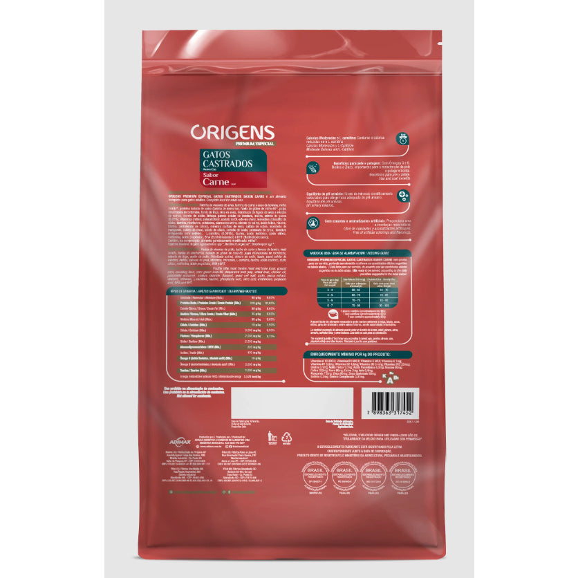 Ração Origens Gatos Castrados Sabor Carne 3kg Adimax