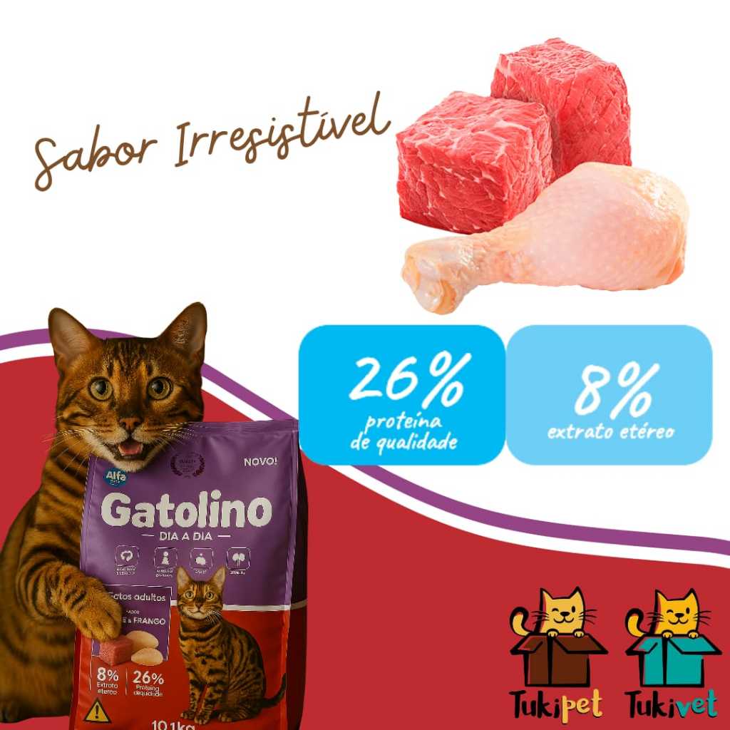 Ração Gatolino Dia a Dia Adulto 10.1kg Sabor Carne e Frango Sem Corante