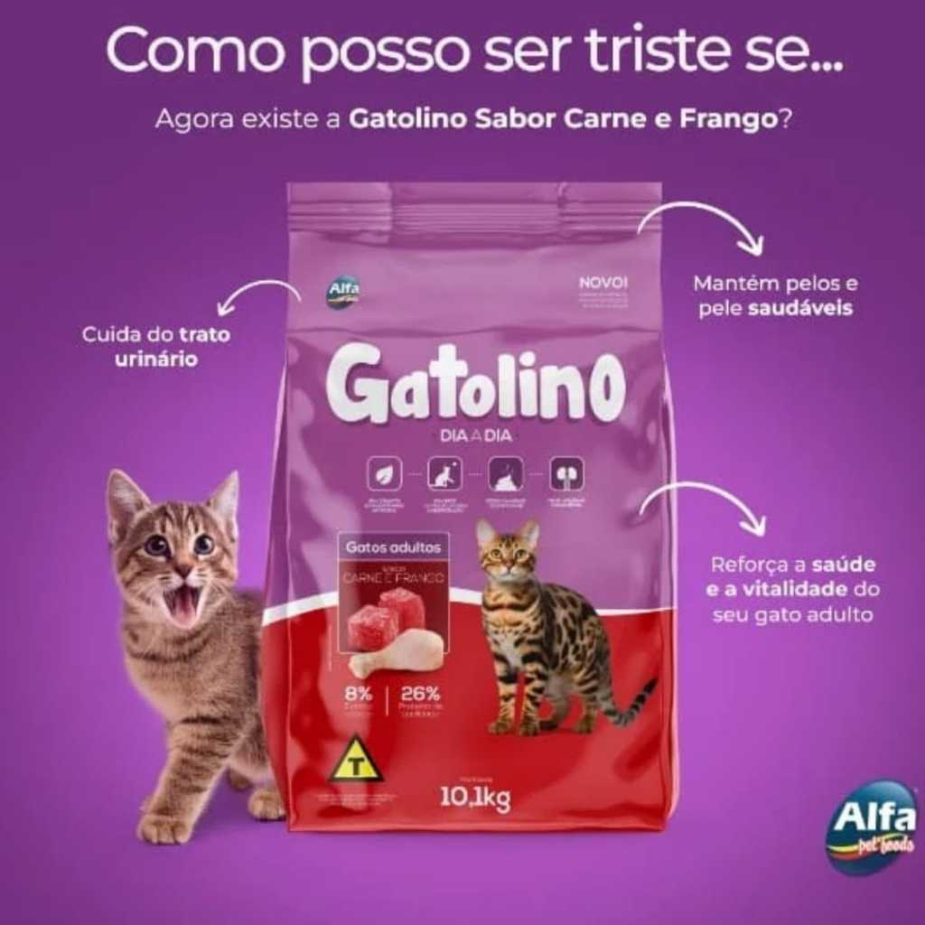 Ração Gatolino Dia a Dia Adulto 10.1kg Sabor Carne e Frango Sem Corante