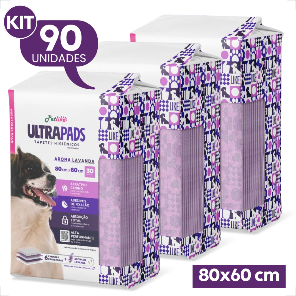 Kit 3 Tapete Higiênico Ultra Pads 80x60 Aroma Lavanda - 90 Unidades