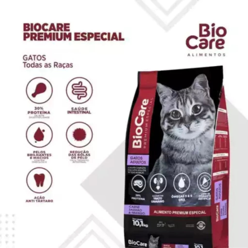 Ração Gatos Adultos Biocare Selection 30% Proteína 10,1kg Salmão, carne e frango