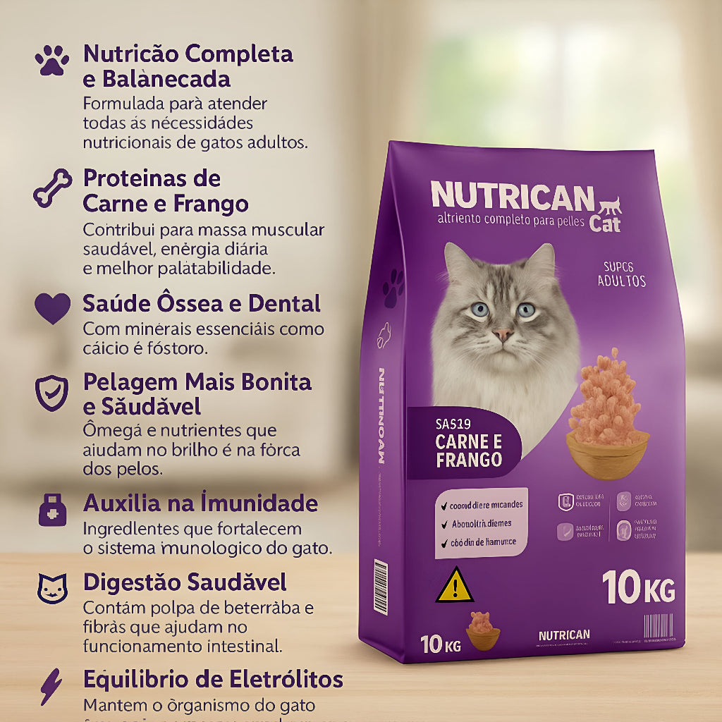 Ração Para Gato Nutrican Cat Adultos (Carne e Frango) 10,1kg - Alimento para gatos