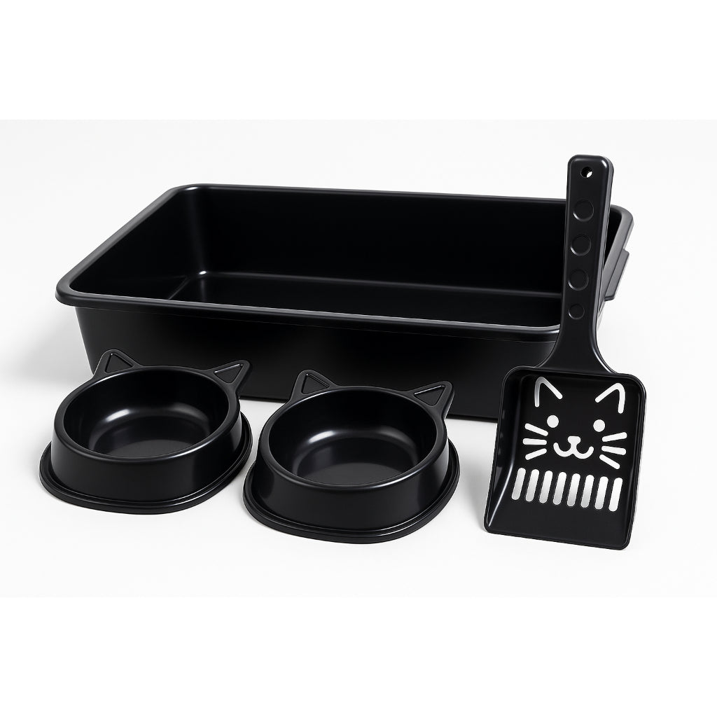 Kit Completo para Gato – Bandeja Higiênica + 2 Comedouros Formato Gatinho + Pazinha Coletora | Resistente e Fácil de Lim