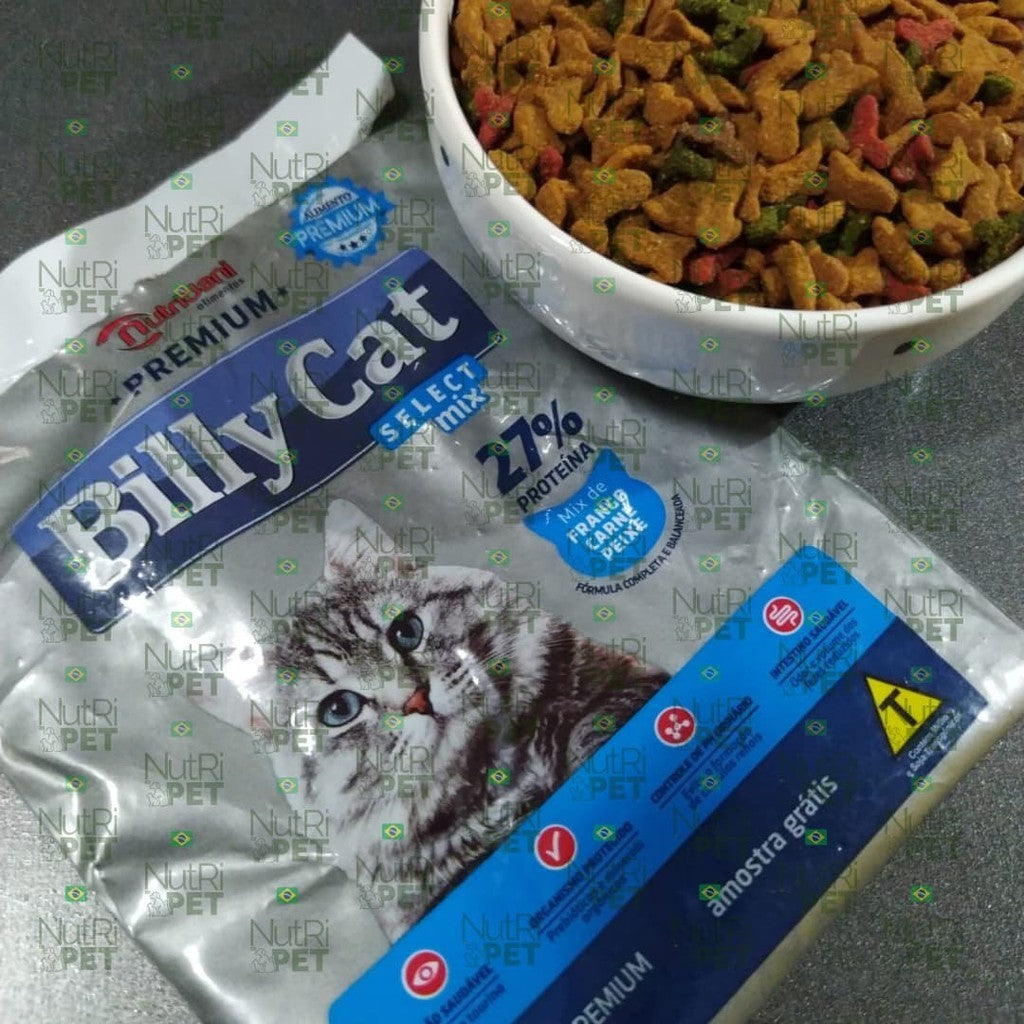 KIT com 3 Pacotes de 1kg Ração Billy Cat Mix Frango Carne Peixe